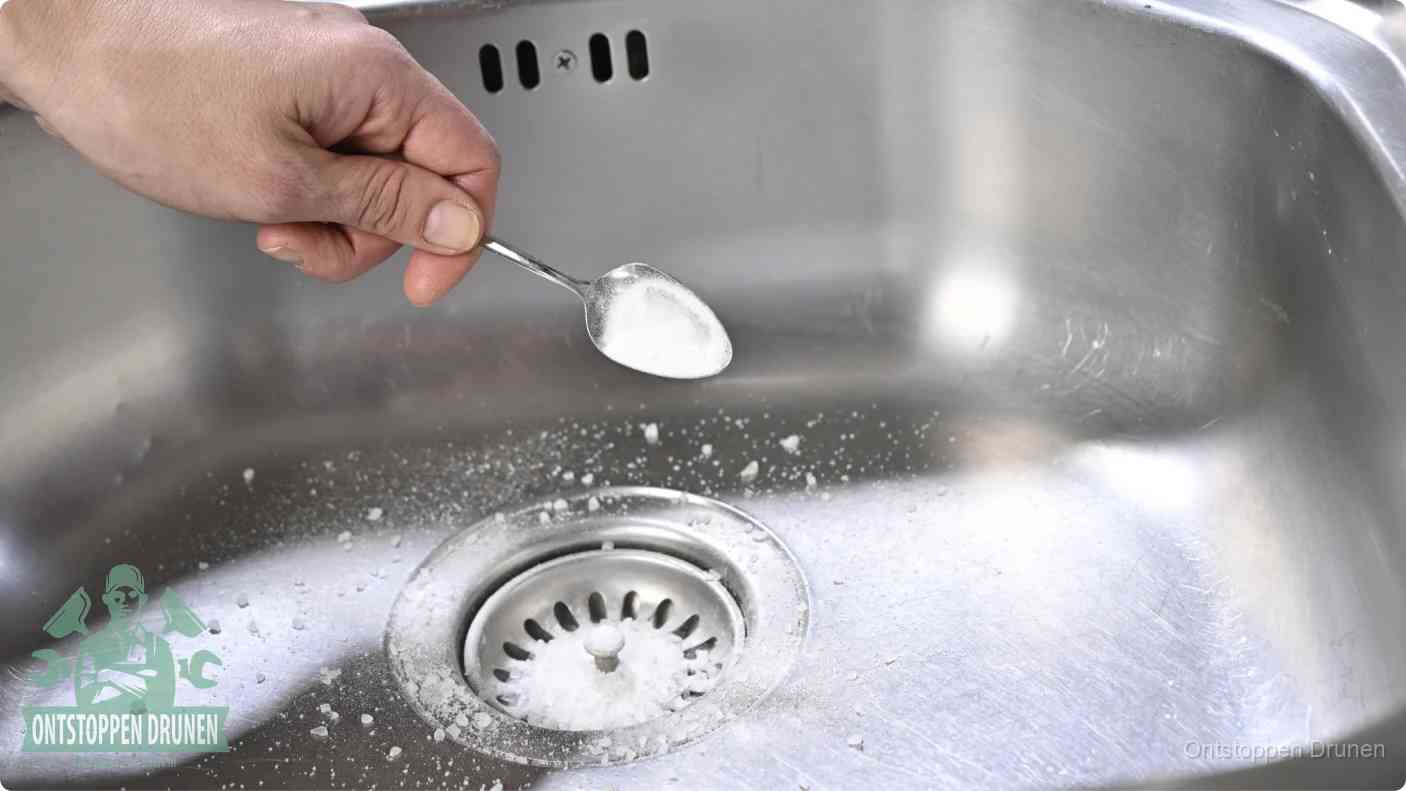 Een hand strooit met een lepel soda in de afvoer van een roestvrijstalen spoelbak, de soda en azijn huismiddel-methode om de afvoer te ontstoppen in Drunen