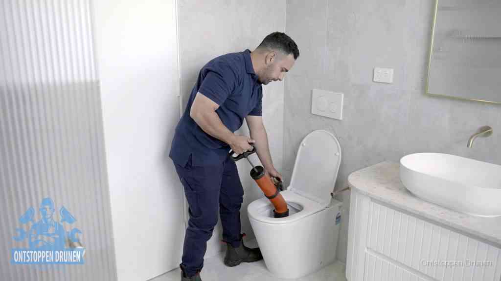 Een monteur buigt over een wandcloset en duwt met de hand een persluchtontstopper in de toiletpot om de verstopping handmatig los te maken in Drunen
