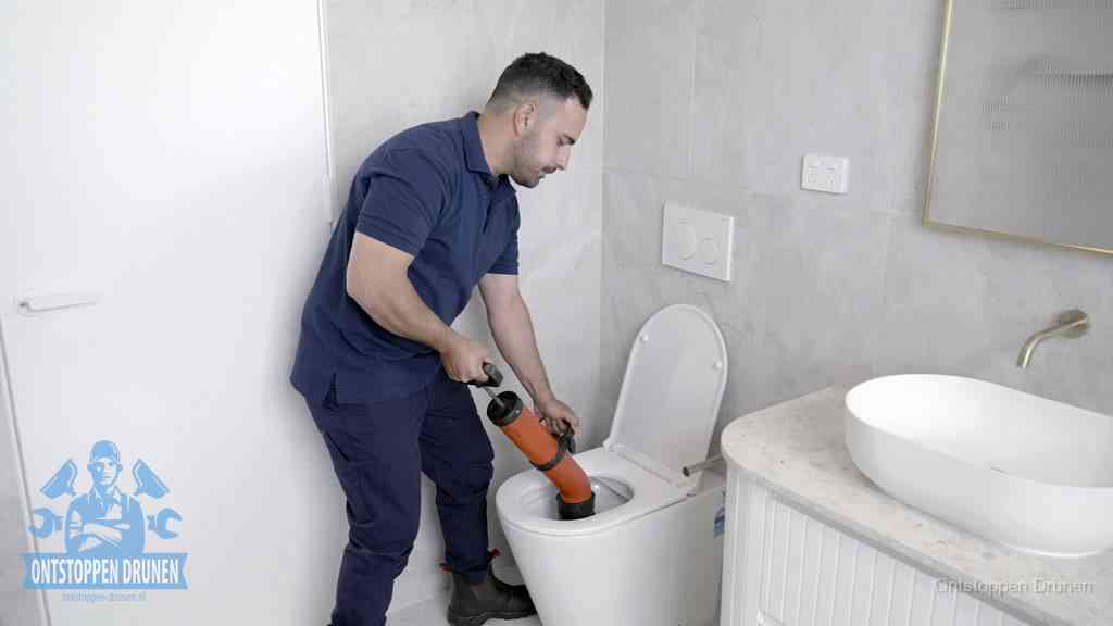 Een monteur gebruikt een handmatige perspomp (toiletontstopper) op een wandcloset tijdens het professioneel wc ontstoppen in Drunen