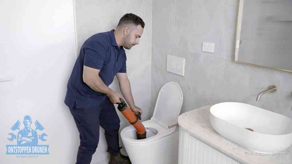 Een man gebruikt een handmatige luchtdruk-ontstopper in een modern betegeld toilet om zelf de wc te ontstoppen in Drunen